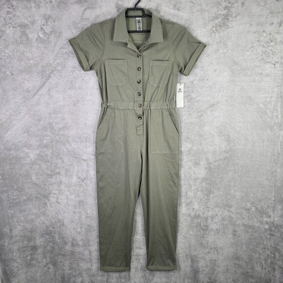 Womens Mono B Olive Green Utility Jumpsuit Button Up Front Short Sleeves Size M - Picture 2 of 11